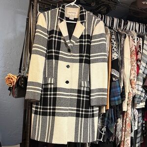 Jones New York Black and Cream Plaid Pea Coat